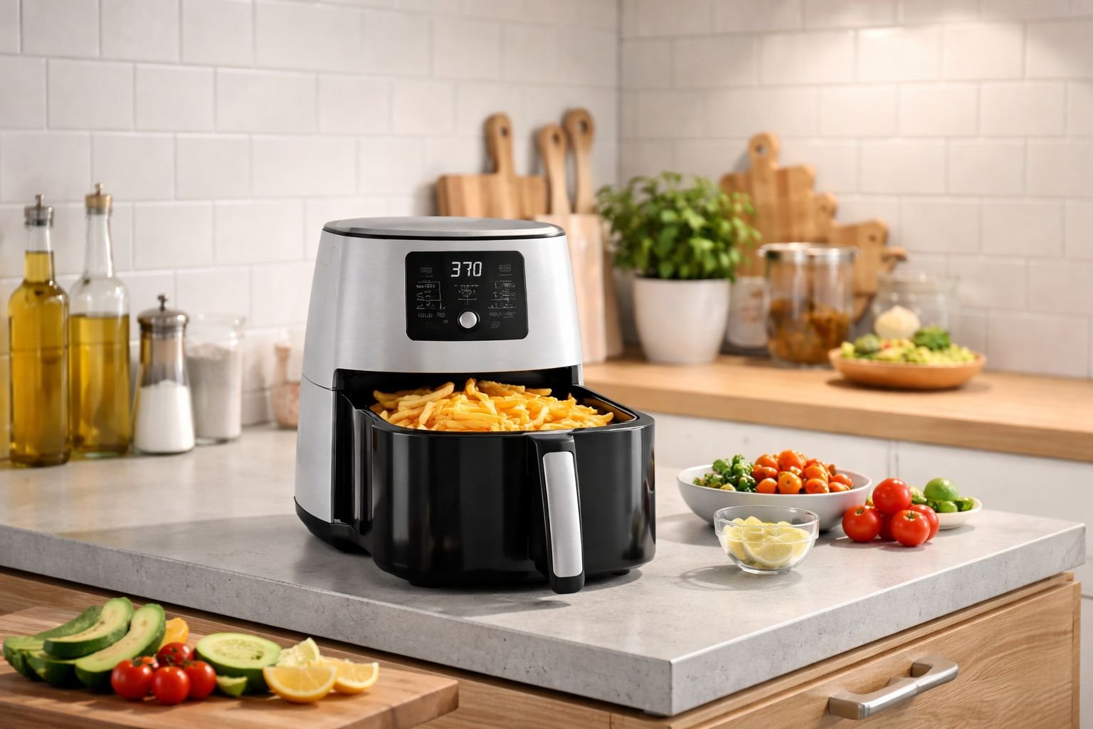 Modern kitchen with air fryer and smart kitchen appliances