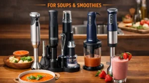 Immersion blenders on a kitchen counter with tomato soup and a strawberry smoothie