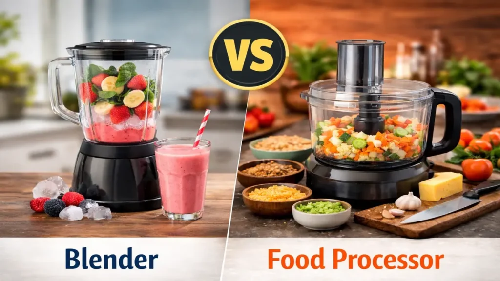 Side-by-side comparison of a blender and a food processor on a kitchen counter