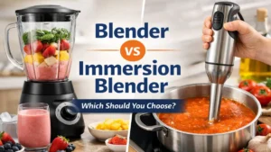 Blender and immersion blender shown side by side in a kitchen setting