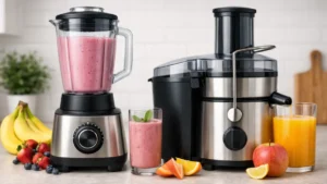 Blender and juicer side by side on a kitchen counter showing different appliance designs