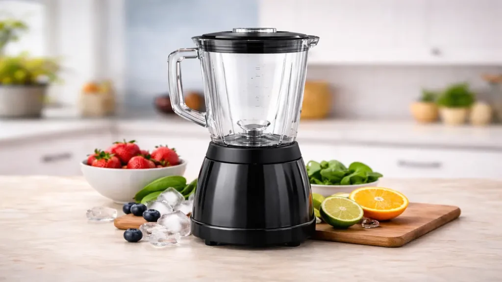 Countertop blender with blending jar on a kitchen counter