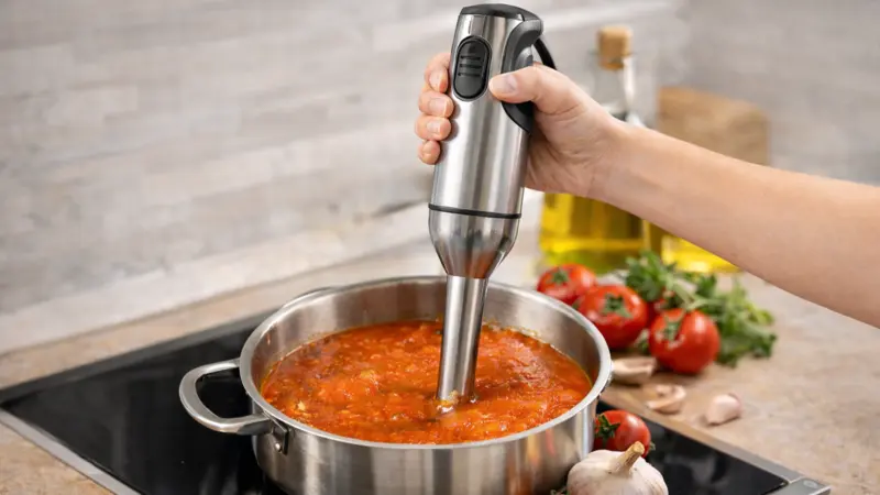 Immersion blender blending tomato soup in a pot on a stovetop