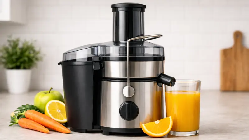 Modern kitchen juicer appliance with juice container and pulp compartment