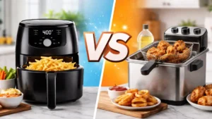 Air fryer vs deep fryer side by side comparison showing cooking methods and food results
