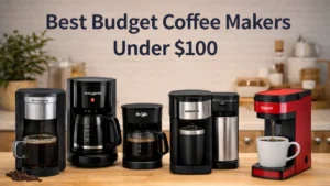 Best budget coffee makers under $100 displayed on a kitchen countertop