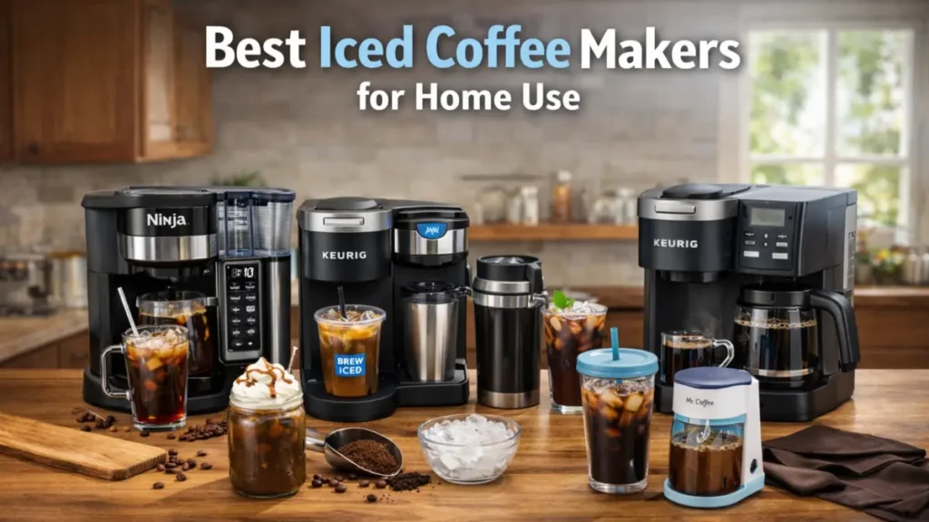 Iced coffee makers displayed on a kitchen counter with iced coffee drinks
