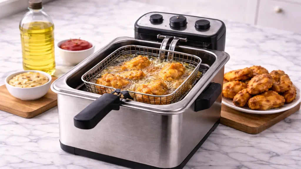 deep fryer cooking food submerged in hot oil traditional frying method